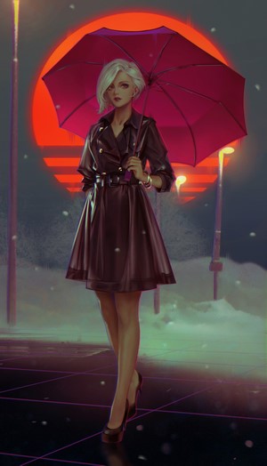 Woman with blonde hair holding a red umbrella