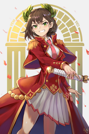 Anime girl in red military uniform with laurel wreath