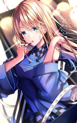 Anime girl with blonde hair applying lipstick