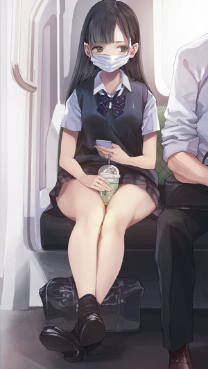 Anime girl in school uniform on a train wearing a mask