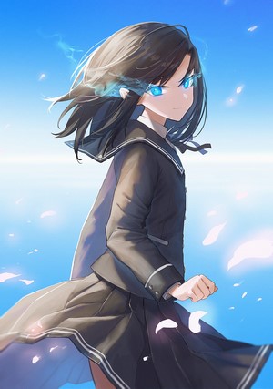 Anime girl with glowing blue eyes in school uniform