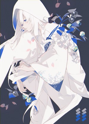 Anime girl with silver hair in white kimono