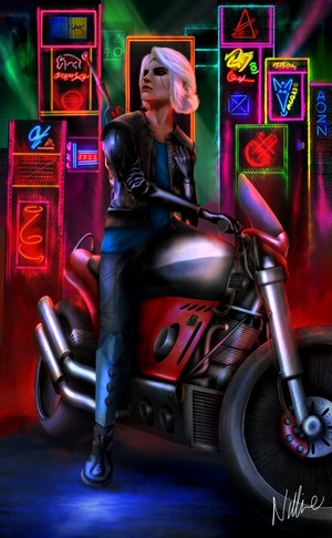 Ciri from The Witcher on a motorcycle in a cyberpunk city
