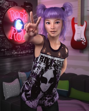 Woman with purple pigtails and rock and roll t-shirt