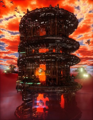Futuristic cyberpunk building with orange clouds and flying vehicles