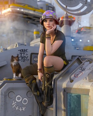Woman with cat in a futuristic city