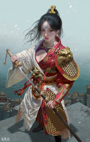 Woman in red armor with swords by Ruan Jia
