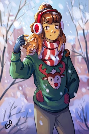 Girl with cat in winter wearing a reindeer sweater