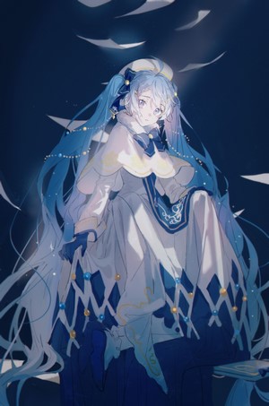Hatsune Miku from Vocaloid in a white and blue outfit