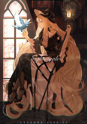 Nightingale from Arknights with a bird