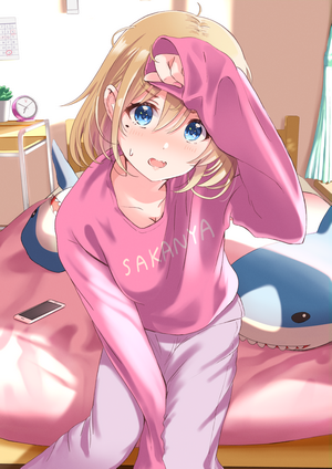 Anime girl in pajamas with shark plushie