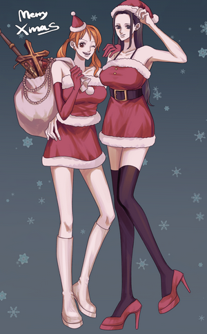 Nami and Nico Robin from One Piece in Christmas Outfits