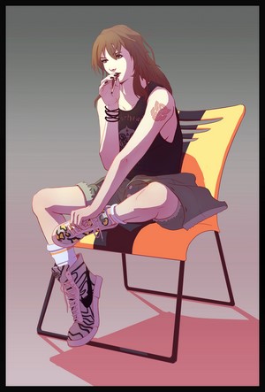 Woman with tattoo sitting on a chair