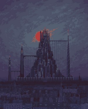 Pixel art castle with red sun and city