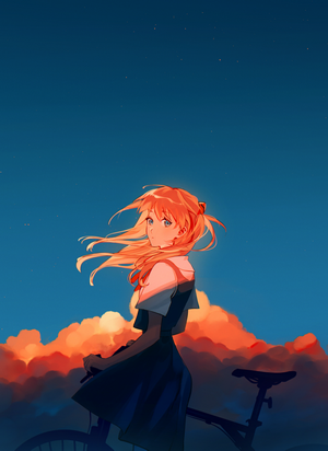 Asuka Langley Soryu from Neon Genesis Evangelion with a bicycle