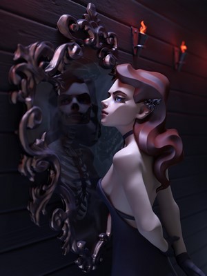 Woman looking at skeleton reflection in mirror