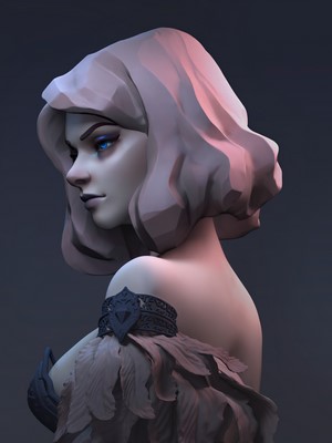 Bust of a woman with blue eyes and short hair
