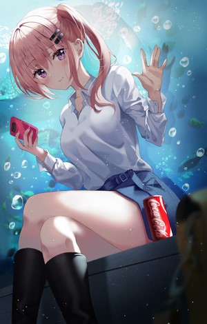 Anime girl with pink hair and purple eyes at aquarium with Coca-Cola