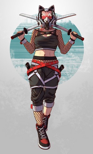Woman with cat ears mask and katanas