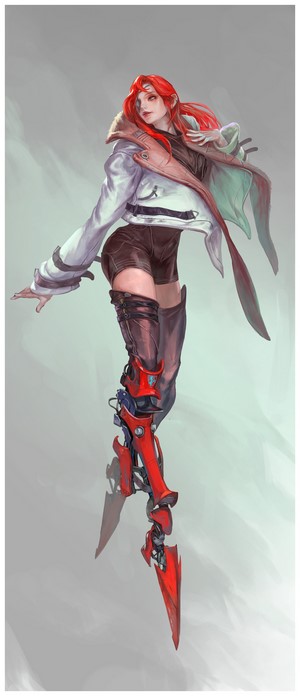Redhead cyborg woman with prosthetic leg