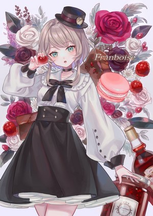 Anime girl in Lolita fashion with raspberries and flowers