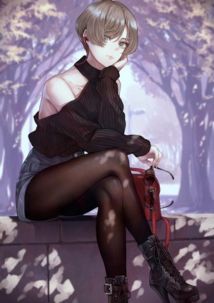 Anime girl with short hair and earphones sitting outdoors
