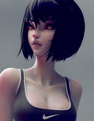 Woman with short black hair and pink eyes wearing a Nike sports bra