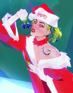 Woman in Santa Costume with Christmas Ornaments