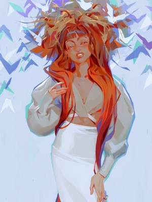Redhead woman with birds in her hair by Sasha Tudvaseva