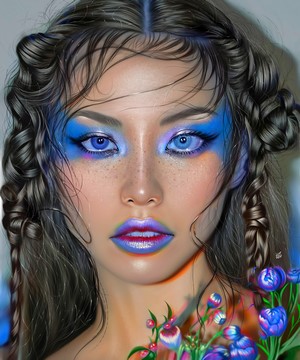 Digital painting of a woman with blue makeup and freckles
