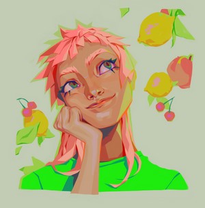 Woman with pink hair and green eyes by Sasha Tudvaseva