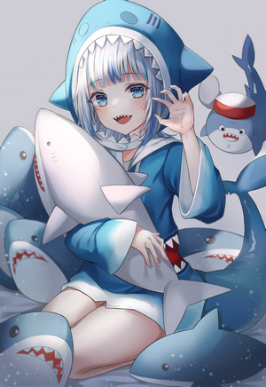 Gawr Gura from Hololive surrounded by sharks