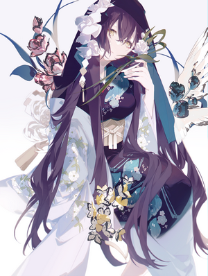 Anime girl in kimono with flowers