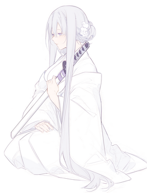 Anime girl with silver hair holding a katana