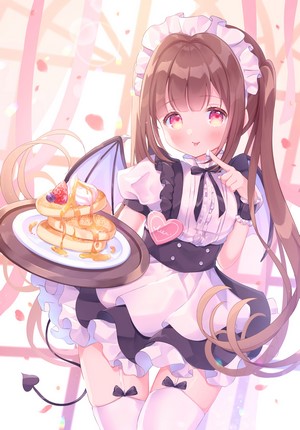 Anime girl in maid outfit holding pancakes