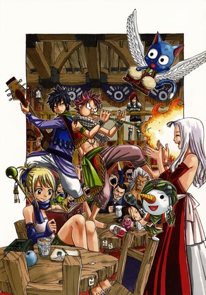 Fairy Tail characters celebrating in a tavern