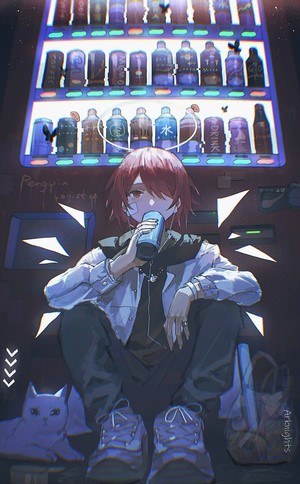 Girl drinking from a cup in front of a vending machine
