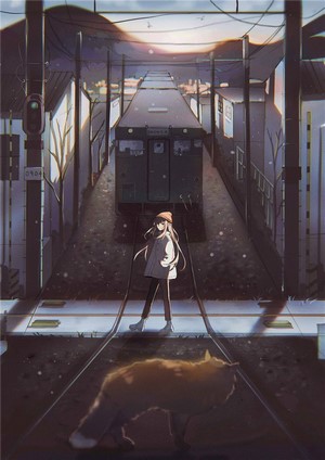 Anime girl and cat on train tracks