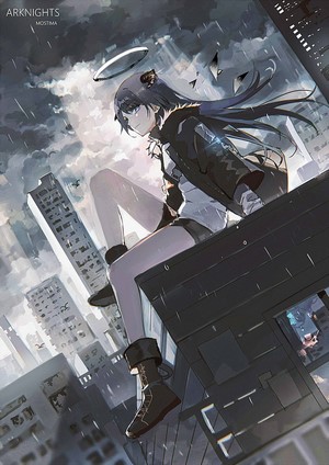 Mostima from Arknights sitting on a rooftop in the rain