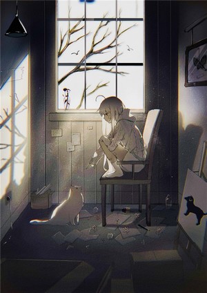 Anime girl with cat in a room by the window
