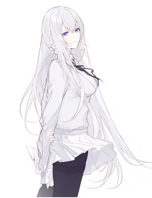 Anime girl with silver hair and purple eyes