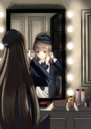 Anime girl with long hair and beret looking in mirror
