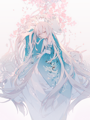 Anime girl with white hair and blue kimono near bones and cherry blossoms