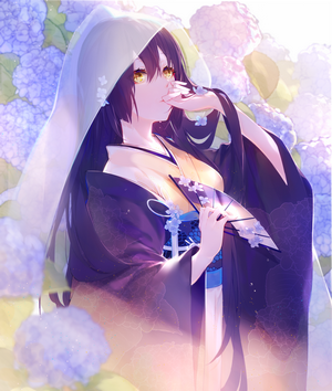 Anime girl in kimono with hydrangeas