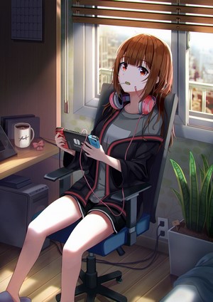 Anime girl with headphones playing Nintendo Switch