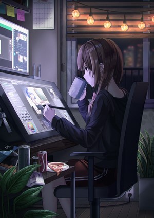 Anime Girl Drinking Coffee While Drawing by Pallett
