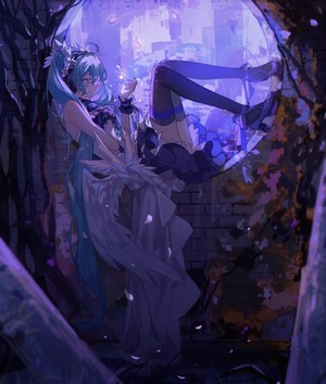 Hatsune Miku from Vocaloid in a moonlit scene