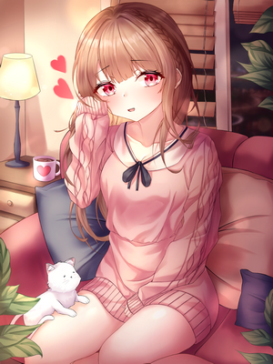 Anime girl with red eyes and a cat