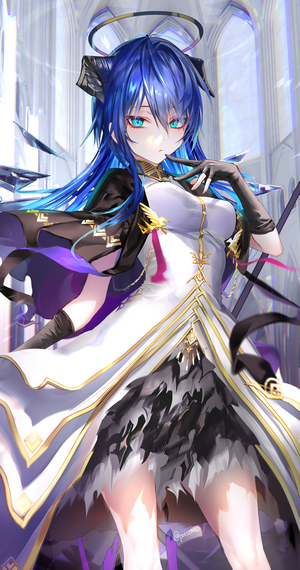 Mostima from Arknights, anime girl with blue hair and horns