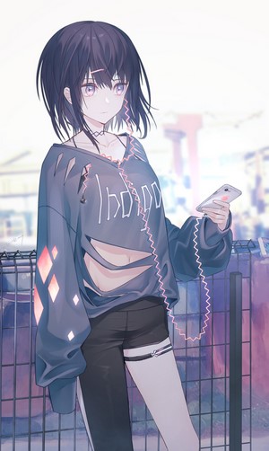 anime girls, vertical, ripped clothing, short hair, smartphone, ripped ...